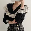 Toppar Kvinnor Blus Lace Elegant Chiffon Blusas Retro Koreanska Svart V Neck Spring Shirts Chic Ropa Mujer 19637 210415