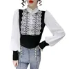 Kimutomo Vintage Patchwork Bluse Frauen Französisch Stil Kontrast Farbe Panelled Damen Pilz Stehkragen Laterne Ärmel Hemd 210521