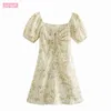 Frühling Frauen Quadrat Kragen Kurzarm Kleid Vintage Dünne Dünne Floral Puff Hülse Taille Chic Weibliche Kleider Vestidos 210507