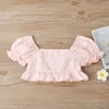 Kinder-Set Sommer Laternenärmel Bluse mit quadratischem Ausschnitt + bedruckte Shorts mit Gürtel Mädchenkleidung 2-teilig 210515