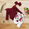 Conjunto de ropa de flores para niña de 0 a 24 meses, Pelele de punto con volantes de otoño, pantalones con lazo, trajes 210515