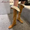 Cuir véritable sur les bottes de genoux femmes Chaussures à talons hauts de laine Square Longues Dames Cuisse Noir 40 210517