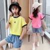 10代の少女洋服パッチワークTsjort + Demin Short 2ピースの女の子セット服夏の子供6 8 10 12 14 210527