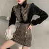 Tweed Fashion 2 Stuk Set Vrouwen Vintage Lange Mouw Turn Down Collar Velvet Blouse Shirt + Hoge Taille Plaid Rok Suits 210514