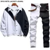 Stitching Color Tracksuits White/Black Men's Two Pieces Sets Spring Autumn Denim Jacket + Skinny Stretch Jeans 2pcs-set Conjuntos De Hombres