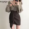 Ezgaga Women Two Piece Set Chic Elegant Deep V-Neck Criss-cross Knit Sweater Pullover and High Waist Irregular Skirts Fashion 210430