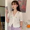 Women T-Shirt Summer Korean Chic Age-Reducing Fresh V-Neck Lace Hollow Embroidery Flowers Short-Sleeved Sweater 210514