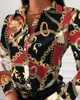 レディースブラウスシャツファッショントレンド女性スリムVネックシャツコントラストカラー長袖トップハイウエストタイトフィット印刷