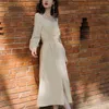 Spring Beige Long Women Drees Vestidos De Fiesta Elegant Cotton Vintage Full Sleeve Mid-calf Evening Party Female 210603