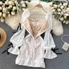 Élégant rétro mini robe dentelle courte sexy A-Line solide pour femmes manches bouffantes taille sac hanche queue de poisson blanc fête 210420