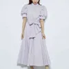 Japan Style Sweet Puff Sleeve Boog Vrouw Lange Jurk Elegante Stand Kraag Lace Up Vestido Mujer Lente Zomer Femme Robe 210514