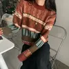 Sonbahar Kadın Patchwork Kapüşonlu Kazak Uzun Kollu O-Boyun Örme Rahat Çizgili Kazak Süveter Kadın Bezleri 210427