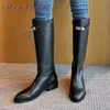 Meotina Women Riding Boots Shoes Buckle Genuine Leather Mid Heel Knee-High Boots Slip-On Long Boots Female Autumn Winter Black 210520