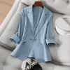 Jesień Koreański Slim Small Suit Blazer Kobiety Solidna Kurtka Płaszcz 3/4 Rękaw Office Lady Nosić Femme Fashion