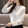 Koreanska Mode Kvinnor Kläder Elegant Vit Långärmade T-shirts Solid Bow Chiffon Blouse Ladies Toppar 8486 50 210427
