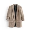 Otoño Invierno Casual Khaki Blazer Mujeres Roll Manga Herringbone Moda Chaqueta Femenina V-cuello Office Lady Blazers Mujer 210421