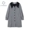 Vintage Shirt Dress Plaid Long Sleeve Peter Pan Collar Elegant Korean Preppy Style Frocks Button Spring Midi Crop Dress 210417