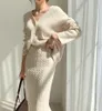 Eleganta formella single-breast stickade uppsättningar höst vinter ol v-hals tröja + kjol kostymer 2 stycke uppsättning kvinna kläder 210421