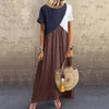 Jocoo Jolee Vintage Korte Mouw O Hals Patchwork Maxi Jurk Casual Blok Kleur Losse Lange Jurk Plus Size 5XL Beach Party Jurk 210518