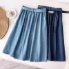 Primavera verão mulheres estilo coreano azul cintura alta escola centro do joelho midi fêmea feminina slit saia com cinto 210421