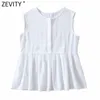 Kadınlar sadece O Boyun Kolsuz Ruffles Casual Beyaz Bluz Kadın Oymak Düğme Gömlek Roupas Chic Chemise LS9086 210420 Tops