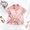 Bclout Pink Silk Casual Home Wear Women Suit Elastic Waist Shorts Satin Button Up Shirt Female Two Piece Set Short Sleeve 2021 Y0702
