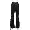 Gothique Oeillet Patchwork Noir Y2K Denim Pantalon Flare Mom Jeans Bandage Punk Baggy Casual Taille Haute Pantalon Streetwear 210517