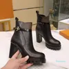Kobiety Czarne Skórzane Buty High Heel Buckle Pasek Designer Lay Star Trail Chunky Książki Buty Gumowy Outsole Boot