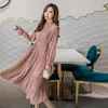 Women Dresses Summer Long Sleeve Streetwear Beach Pleated A-line Chiffon Party Korean Fashion Blue Vestidos Verano 210625