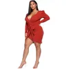 赤い赤のミニドレスのプラスサイズの長いフリルスリーブローカットドレスの大きいサイズの婦人服Y0726