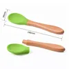 Children Silicone Spoons Wooden Handle Coffee Scoops Baby Training Spoon Home Kitchen Tableware 28 Colors 0426