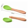 Children Silicone Spoons Wooden Handle Coffee Scoops Baby Training Spoon Home Kitchen Tableware 28 Colors