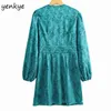 Vintage Green Floral Print Satin Kleid Frauen Sexy Tiefem V-ausschnitt Langarm Gerade Mini Sommer Bodycon Kurze Vestido 210514