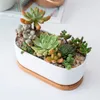 Oval White Ceramic Succulent Flowerpots Green Plant Pot With Bamboo Stand Small Bonsai Pots Planters &