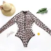 Leopard Swimsuit Długi rękaw Surfing Suit Snake Print Zipper Monokini Push Up Sexy Pływanie Dla Kobiet 210630