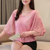 Loose Blouse ONeck Summer Full Cotton Edge Lace Blouses Shirt Butterfly Flower Half Sleeve Women Shirt Fashion 86F 210401