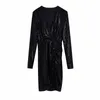 Stylish Sequined Dress Women Fashion Sexy V Neck Folds Elegant Straight Long Sleeve Mini Dresses 210520