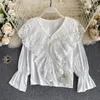 Women French Retro Blouse Court Style V-neck Mesh Lace Ruffles Gentle Wind Lantern Sleeve Autumn Shirt Top Blusa GK494 210507