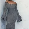 Casual Kleider AHVIT Bunte Dünne Gestreifte Bodycon Bleistift Kleid Slash Neck Lange Flare Hülse Party Weg Von Der Schulter Sexy WY6523