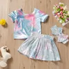 Moda Baby Tie Dye Ubrania Zestaw Z Łuki Dla Dziewczyn Malówka Błyszczący Kolor T-Shrit i Spódnica 2 sztuk Outfit Dzieci 210529