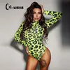 Cnyishe kvinnor långärmad leopard hud prinsd bodysuit sexig neon green streetwear jumpsuit mager tops mode rompers 220226