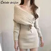 Kore Chic Kayısı Yünlü Elbise Kadınlar Için Kış 2021 Çapraz V Boyun Zarif Mini Örgü Elbiseler Bodycon Güz Yeni Vestido Feminino Y1204