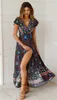 Vintage Chic Vestido Floral Print Bat Mouw Strand Lange Bohemian Maxi Sundress Dames Sexy V-hals Zomer Boho Jurk 220311