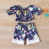 Moda Dziewczyny Odzież Ustawia Summer Toddler Dziewczyna Kwiat Druku Krótki Rękaw + Koronki Krawędź Spodenki Dwa kawałek 2-6Y dzieci 210515