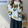 Ezdgaga Vintage Sweter Kobiety Japoński Styl Jesień Zima O-Neck Z Długim Rękawem Słonecznik Knit Topy Damskie Pullover Jumper Moda 210430