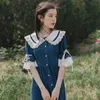 Yosimi Summer Long Dress Half Sleeve Mid-Calf Fit And Flare Peter Pan Collar Sweet Women Blue Midi Vestidos Verano 210604