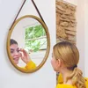 Miroirs suspendus Miroir mural rond dans la salle de bain Chambre à coucher - Sangle de cuir réglable en bambou massif