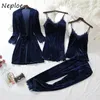 NEPLOE Casual Pijama Soft Sets Primavera Outono Dormido Mulheres Sexy Lace Retalhos Quatro Peça Set Gold Velvet Lounge Terno 1H226 210423