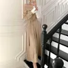 Women's Spring Dresses Vintage One Shoulder Color Patchwork Lace Up Korean Elegant Lady Long 210529