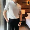 Sommar Mäns British Casual Diamond Lapel Slim Short Sleeve Social Club Outfits Playera Hombre Black White Mannen Polos